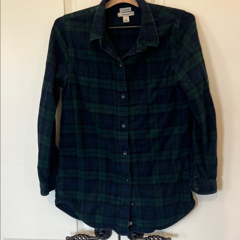 L.L. Bean Dark Green and Navy Plaid Flannel Shirt